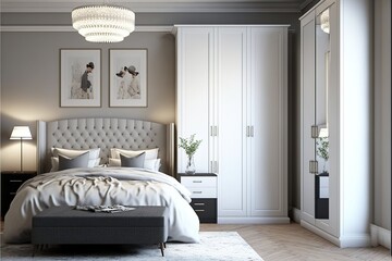 Fototapeta na wymiar Modern white luxurious bedroom interior design. Generative ai
