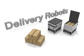 A robot that delivers automatically. Machines deliver packages unattended. Cardboard and automated delivery robots.