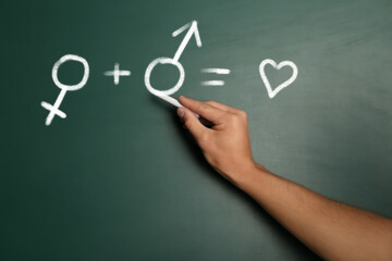 Sex Education. Woman drawing male gender sign in equation on green chalkboard, closeup. Man plus...