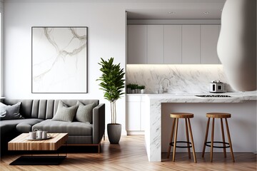 Modern black and white stylish kitchen with living room interior design. Generative ai 