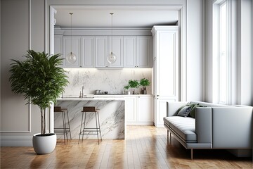 Modern black and white stylish kitchen with living room interior design. Generative ai 
