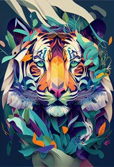 Beautiful complex portrait, jaguar, tiger, skull, bird, flat vector multi layers illustration made with Generative AI