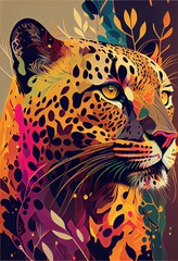 Beautiful complex portrait, jaguar, tiger, skull, bird, flat vector multi layers illustration made with Generative AI