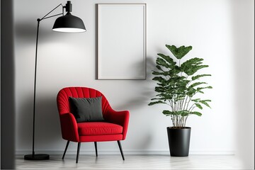 Contemporary sitting room design with red armchair.  Generative ai