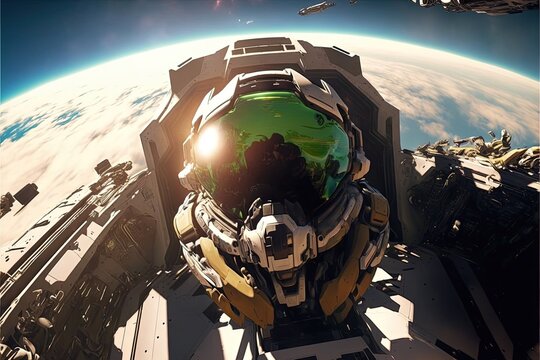 a selfie of a master chief on a futuristic spaceship generative ai artwork