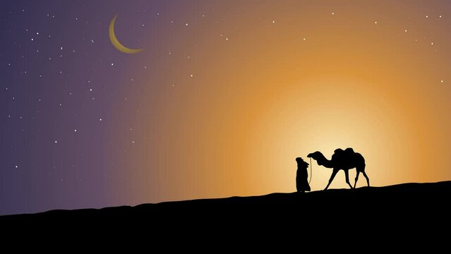 Animation silhouette of a man with a camel in walking in sandstone hill or desert as the sun sets, the crescent moon and stars are in sight