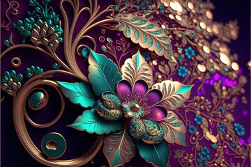 Fototapeta na wymiar ornate pattern and abstract flowers and vines in gold and iridescent Southern lights generative ai background