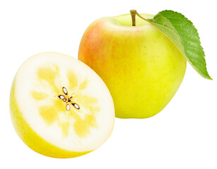 Green Apple on white, Fresh Yellow and Green Orin Apple Isolated on White background PNG File.