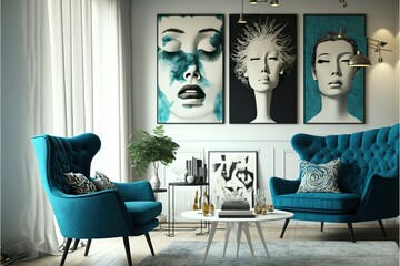 Modern luxury blue and white contemporary living room apartment. Generative ai 