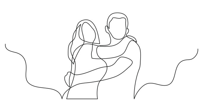 continuous line drawing of happy couple of man and woman hugging each other - PNG image with transparent background