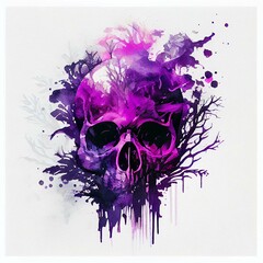 Purple skull. Double exposure watercolor skeleton head. Halloween concept. Generative AI