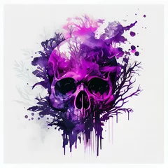 Peel and stick wall murals Aquarel Skull Purple skull. Double exposure watercolor skeleton head. Halloween concept. Generative AI