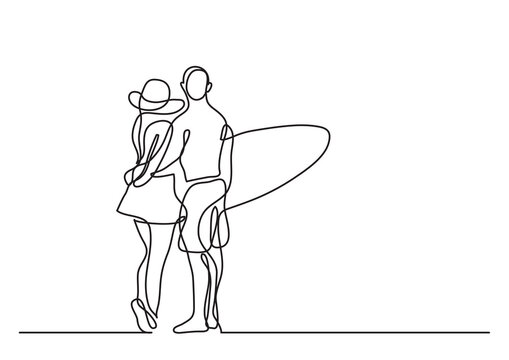 single line drawing young couple standing on beach with surfboard - PNG image with transparent background