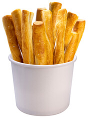 Baked bread stick in paper bucket on white background, Pretzel baked bread on white PNG File.