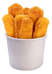 Fried Fish sticks in paper bucket on white, Fried fish fingers on White background PNG File.