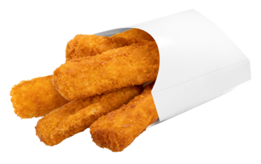 Fried Fish sticks in paper bucket on white, Fried fish fingers on White background PNG File.