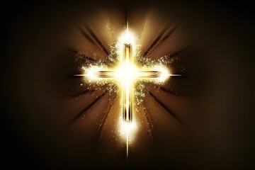 Religious cross in abstract wallpaper with shining gold sparkles and radiant lights. Symbolism of heaven or the resurrection. Generative AI