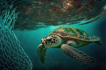 Obraz premium Sea turtle trapped by a net under the sea. Generative AI