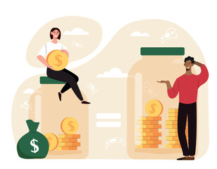 Financial inflation concept. Man and woman with coin sitting near cans of money. Economy and crisis, rising prices. Financial literacy and family budget, savings. Cartoon flat vector illustration