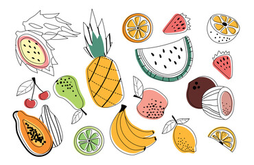 Minimalistic fruits set. Collection of natural and organic products. Graphic element for website. Harvest, tropics and exotics, summer. Cartoon flat vector illustrations isolated on white background