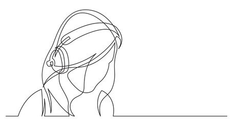 continuous line drawing of long hair style woman relaxing listening music in headphones - PNG image with transparent background