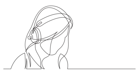 Foto auf Acrylglas Eine Linie continuous line drawing of long hair style woman relaxing listening music in headphones - PNG image with transparent background  © OneLineStock