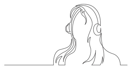 continuous line drawing of long hair woman listening music in headphones - PNG image with transparent background