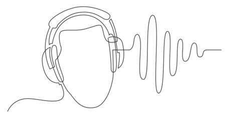 Ingelijste posters Een lijn continuous line drawing of man listening music in headphones wuth sound wave - PNG image with transparent background  © OneLineStock