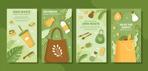 Fototapeta premium Zero Waste Social Media Storied Flat Environment Cartoon Hand Drawn Templates Illustration