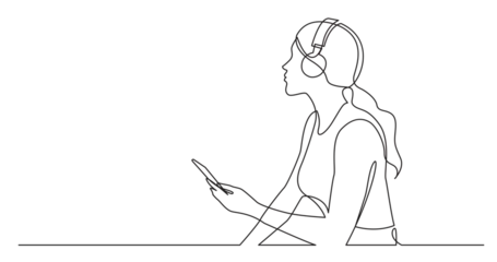 Foto auf Acrylglas Eine Linie continuous line drawing of woman holding phone listening music in headphones - PNG image with transparent background  © OneLineStock