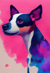 Funny adorable portrait headshot of cute doggy. Rat Terrier dog breed puppy, standing facing front. Looking to camera. Watercolor imitation illustration. AI generated vertical artistic poster.