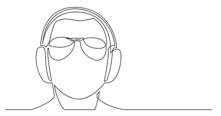 continuous line drawing of young stylish man in sunglasses listening music in headphones - PNG image with transparent background