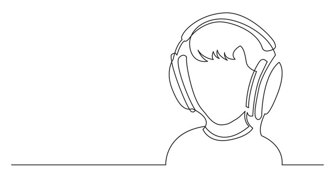recommend clip art: continuous line drawing of boy listening music in headphones - PNG image with transparent background