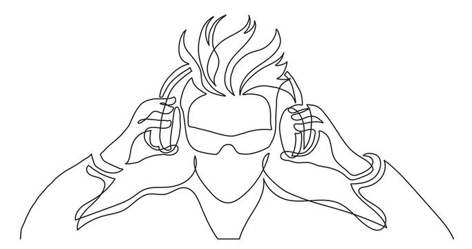 continuous line drawing of trendy hair style woman in sunglasses listening music in headphones - PNG image with transparent background
