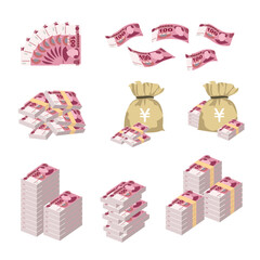Yuan Renminbi Vector Illustration. Huge packs of Chinese money set bundle banknotes. Bundle with cash bills. Deposit, wealth, accumulation and inheritance. Falling money 100 CNY