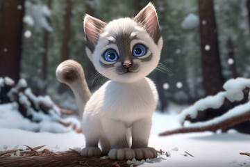 Siamese Kitten in snow, 3D render cartoon, Generative AI
