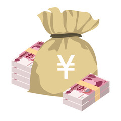 Yuan Renminbi Vector Illustration. Chinese money set bundle banknotes. Money bag 100 CNY. Flat style. Isolated on white background. Simple minimal design.