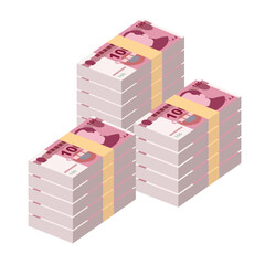 Yuan Renminbi Vector Illustration. Chinese money set bundle banknotes. Paper money 100 CNY. Flat style. Isolated on white background. Simple minimal design.