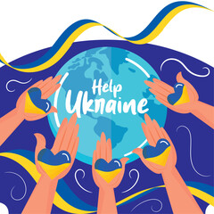 Group of hands with heart shapes around the globe Help Ukraine Vector