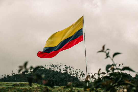 a colombian flag flying in the wind on top of a hill with cocoa valley in the background