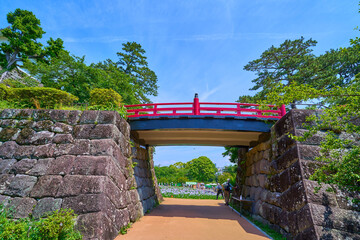 神奈川県小田原市の小田原城址公園の常盤木橋南側から花菖蒲園方面を見る