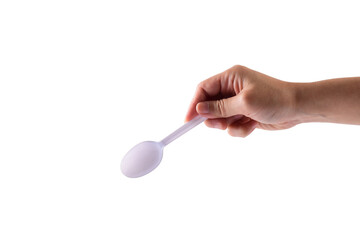 Hand and white spoon plastic isolated on transparent background.
