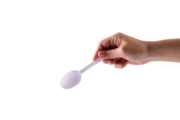 Hand and white spoon plastic isolated on transparent background.