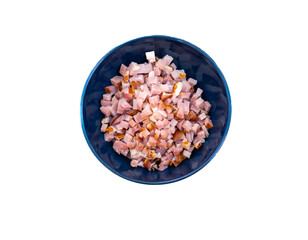 Fototapeta na wymiar Preparation to cook Vietnamese fried rice. Ingredients are chopped carrot, hams, mushrooms and eggs. Chopped scallion, shallots and garlics are used for aroma purposes. 