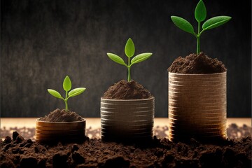 Seedlings growing on stack of coins. Generative AI