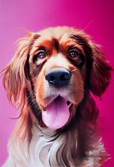 Fototapeta premium Funny adorable portrait headshot of cute doggy. Irish Setter dog breed puppy, standing facing front. Looking to camera. Watercolor imitation illustration. AI generated vertical artistic poster.