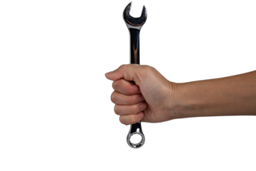 Hand holding a wrench isolated on transparent background.