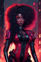 full body portrait of an afropunk woman in mutlicolored red and black latex suit standing in front of a city, cyberpunk art