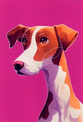 Funny adorable portrait headshot of cute doggy. Pointer dog breed puppy, standing facing front. Looking to camera. Watercolor imitation illustration. AI generated vertical artistic poster.