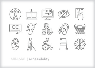 Set of accessibility line icons for tools to communicate with other people and consume information online through assistive technology - obrazy, fototapety, plakaty